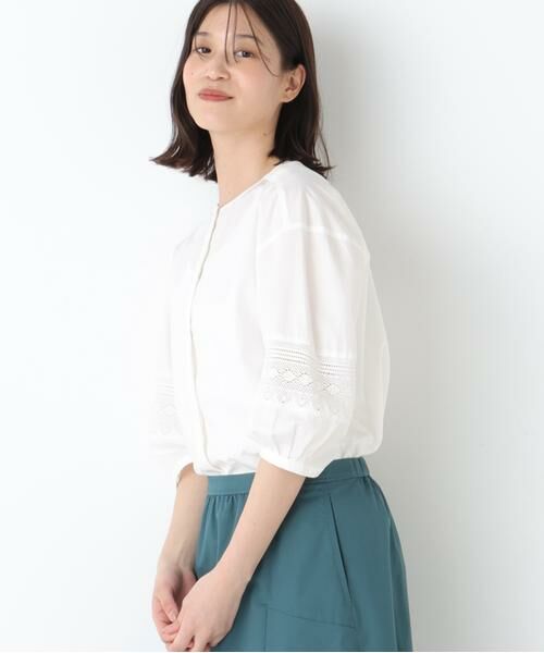 human woman / ヒューマンウーマン シャツ・ブラウス | ◆レースドッキングクルーネックブラウス(ホワイト)