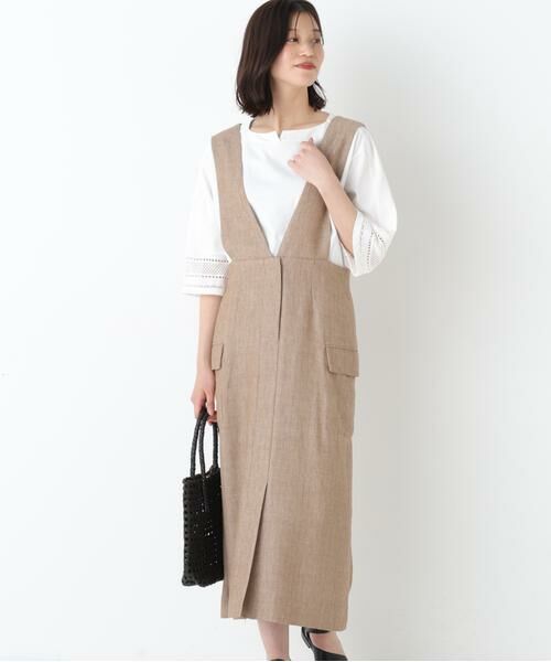 human woman / ヒューマンウーマン ワンピース | ◆ドライタッチリネン混ジャンスカ（ベージュxブルーストライプ3）