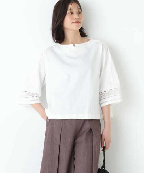 human woman / ヒューマンウーマン カットソー | ◆袖レース強撚糸ＴＯＰＳ（ホワイト）