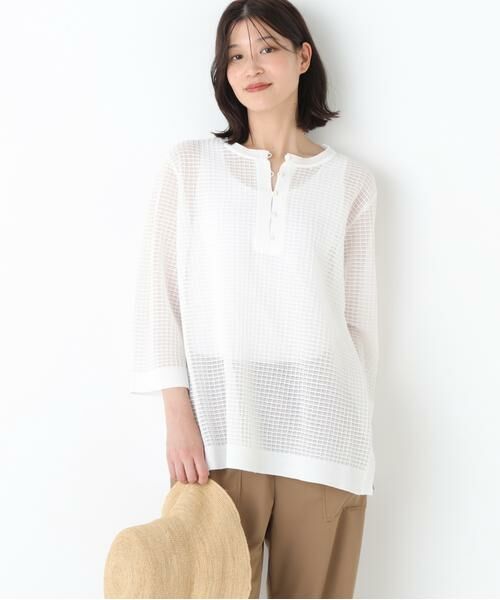 human woman / ヒューマンウーマン ニット・セーター | ◆コットンポリエステルシアーチェックチュニックプルオーバー（ホワイト）