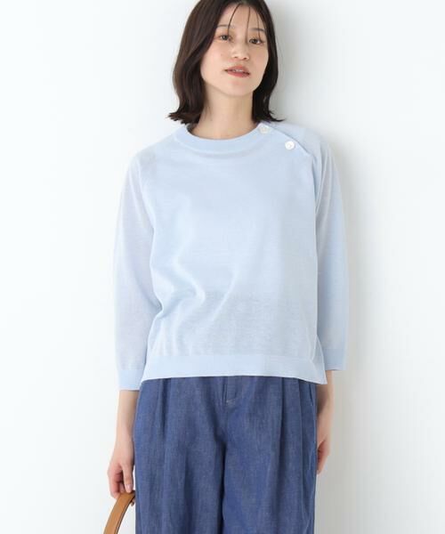 human woman / ヒューマンウーマン ニット・セーター | ◆ハイゲージニット６分袖ボタンプルオーバー（ブルー）