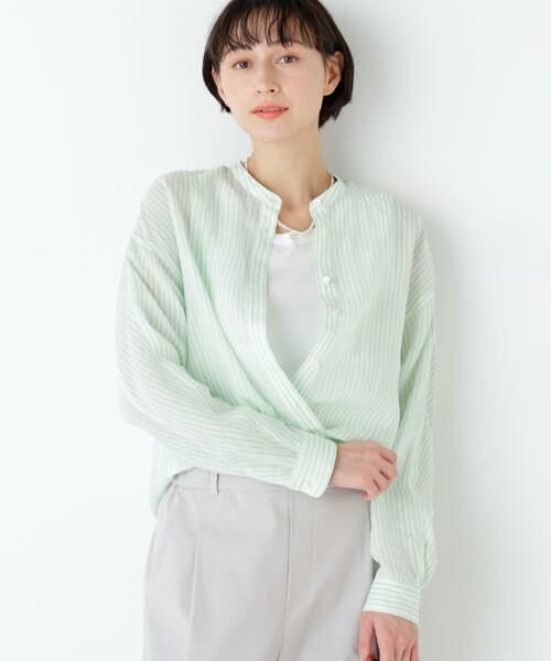 human woman / ヒューマンウーマン シャツ・ブラウス | ラミーボザムシャツストライプブラウス（ライトグリーンストライプ3）