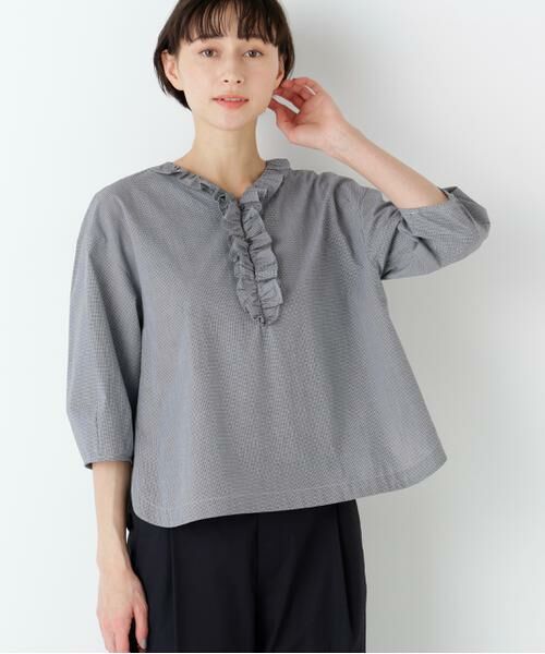 human woman / ヒューマンウーマン シャツ・ブラウス | ウォッシュドタイプライターフリルブラウス（ブラックチェック3）