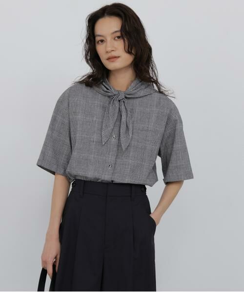 human woman / ヒューマンウーマン シャツ・ブラウス | 麻混チェック三角巾シャツ（ブラックチェック3）
