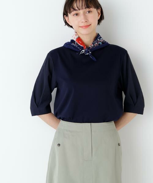 human woman / ヒューマンウーマン カットソー | 布帛コンビカットソー（ネイビー）