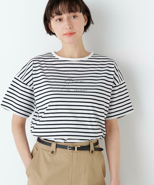 human woman / ヒューマンウーマン カットソー | ａｚｕｒｅｌａ　ｍｅｒ　ボーダーロゴＴシャツ（ホワイトxネイビー3）