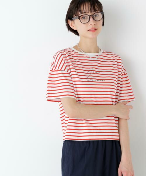 human woman / ヒューマンウーマン カットソー | ａｚｕｒｅｌａ　ｍｅｒ　ボーダーロゴＴシャツ（ホワイトxレッド3）