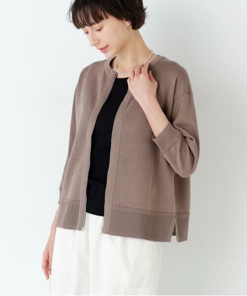 human woman / ヒューマンウーマン ニット・セーター | ハイゲージギマ　ジップアップクルーカーディガン（モカ1）