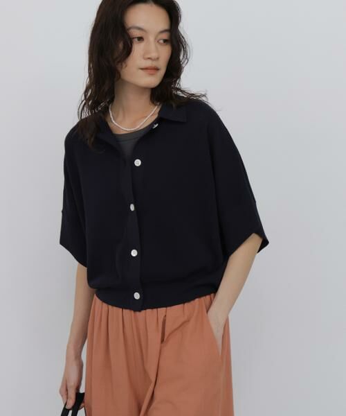 human woman / ヒューマンウーマン ニット・セーター | 麻混ワッフル柄ポロカーディガン（ネイビー）