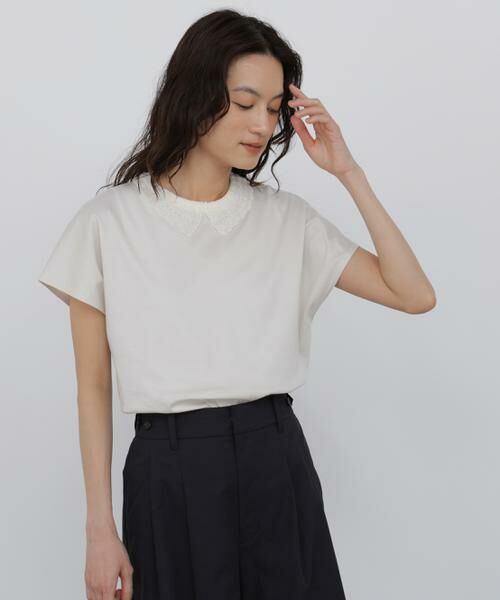 human woman / ヒューマンウーマン カットソー | ◆レース衿スムースＴシャツ（グレー）