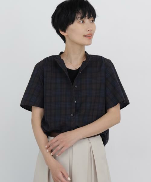 human woman / ヒューマンウーマン シャツ・ブラウス | 先染めサッカーブラウス（ネイビーチェック3）