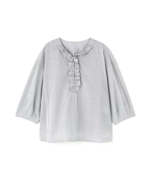human woman / ヒューマンウーマン シャツ・ブラウス | 《大人気！追加入荷 / 洗える》ウォッシュドタイプライターフリルブラウス（ネイビーストライプ3）