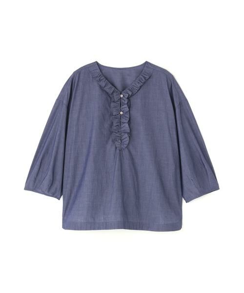 human woman / ヒューマンウーマン シャツ・ブラウス | 《大人気！追加入荷 / 洗える》ウォッシュドタイプライターフリルブラウス（ネイビーシャンブレー）