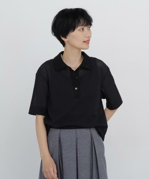 human woman / ヒューマンウーマン カットソー | リーフ格子レース　ポロＴシャツ（ブラック）