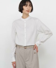 human woman / ヒューマンウーマン シャツ・ブラウス | コットンストライプツイルスタンドフリルブラウス