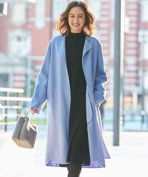 カシミヤ ロングコート ブルー 青 ベルト 羊毛 ウール ノーカラーコート 上質