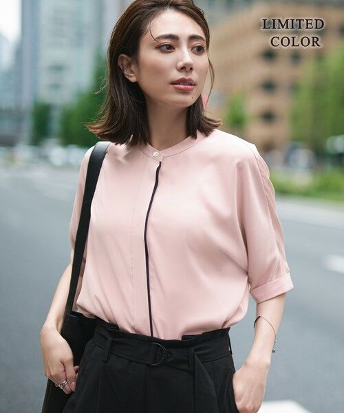 ICB/アイシービー 【人気のため新色追加・接触冷感・UVケア・速乾・洗える】BackSatinAmunzen 5分袖バンドカラーブラウス ヘイズピンク系［WEB限定］ S
