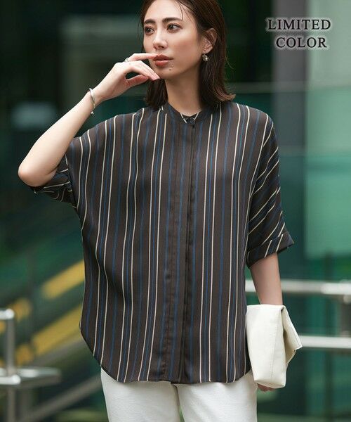 ICB/アイシービー 【人気のため新色追加・接触冷感・UVケア・速乾・洗える】BackSatinAmunzen 5分袖バンドカラーブラウス チャコールストライプ柄系［WEB限定］ S
