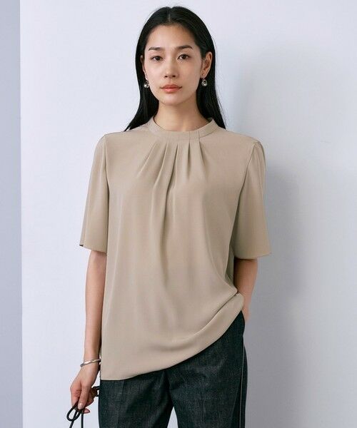 ICB/アイシービー 【接触冷感・UVケア・速乾・洗える】BackSatinAmunzen 5分袖ハイネックブラウス クリームブラウン系 S ICB/アイシービー 【接触冷感・UVケア・速乾・洗える】BackSatinAmunzen 5分袖ハイネックブラウス クリームブラウン系 S