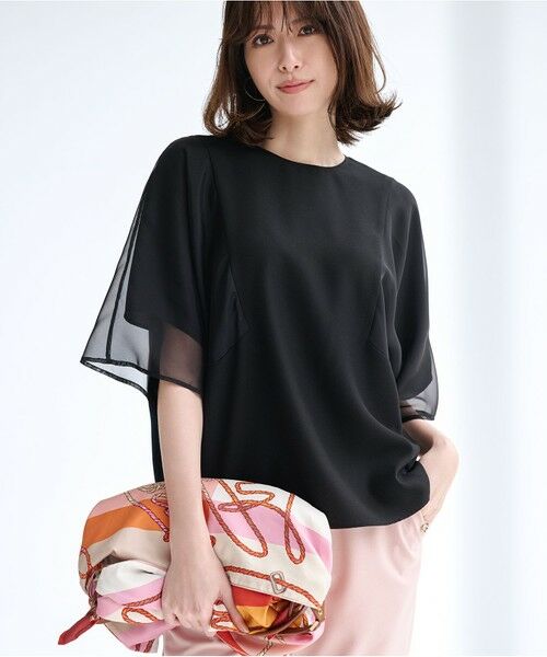 ICB/アイシービー 【UVケア・接触冷感・速乾・洗える】 FluidBackSatin シアーコンビブラウス ブラック系 2 ICB/アイシービー 【UVケア・接触冷感・速乾・洗える】 FluidBackSatin シアーコンビブラウス ブラック系 2