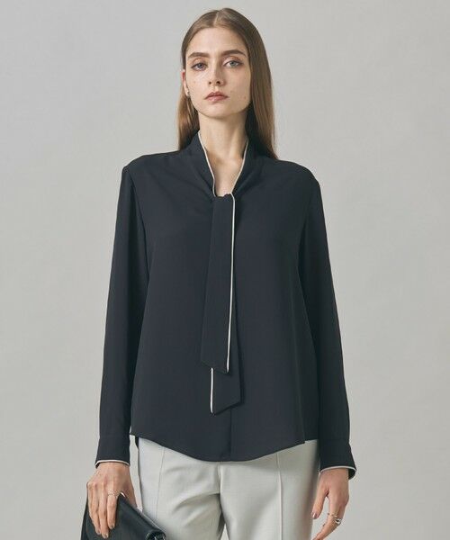 ICB/アイシービー 【接触冷感・UVケア・速乾・洗える】BackSatinAmunzen 配色ボウタイブラウス ブラック系 S ICB/アイシービー 【接触冷感・UVケア・速乾・洗える】BackSatinAmunzen 配色ボウタイブラウス ブラック系 S