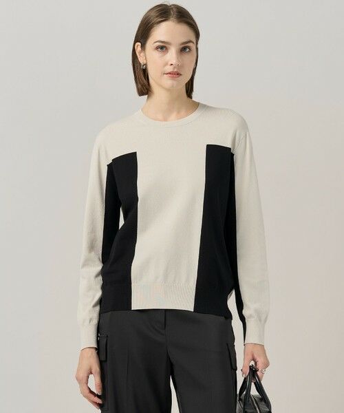 ICB/アイシービー 【洗える】マットヴィスコースポリエステル ブロッキングニット トープ×ブラック系 S ICB/アイシービー 【洗える】マットヴィスコースポリエステル ブロッキングニット トープ×ブラック系 S