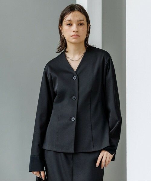 ICB / アイシービー シャツ・ブラウス | 【裏起毛】 ウォームサテン カーディガンブラウス(ブラック系)