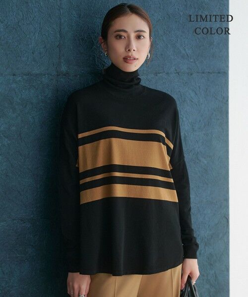 ICB/アイシービー 【WEB限定カラーあり・洗える】 ヴィスコースワイド タートルネックプルオーバー キャメル×ブラックボーダー［WEB限定］ XS