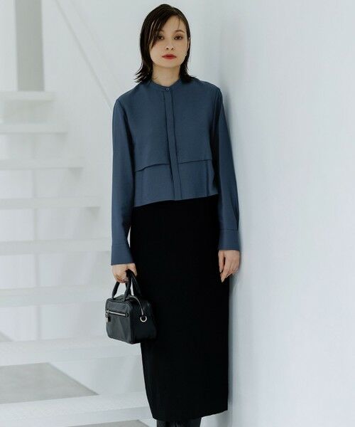 ICB / アイシービー ロング・マキシ丈ワンピース | 【洗える】ウールワッシャーツイル シャツドッキング ワンピース(ブルーグレー×ブラック)