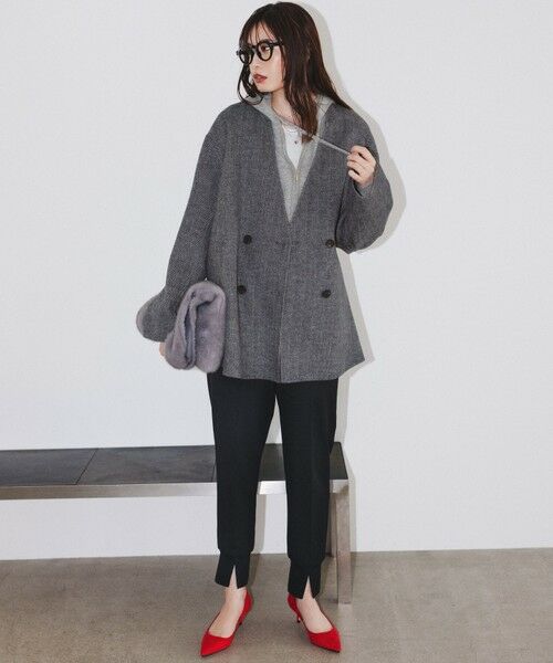 ICB/アイシービー WoolRever ノーカラーショートコート ヘリンボーン系 4