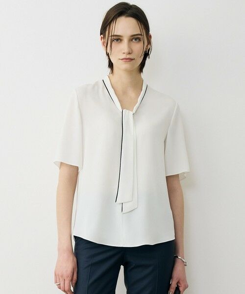 ICB / アイシービー シャツ・ブラウス | BackSatinAmunzen 5分袖配色ボウタイブラウス（オフホワイト）