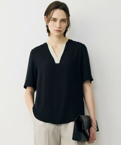 ICB / アイシービー シャツ・ブラウス | BackSatinAmunzen 5分袖Vネック配色ブラウス