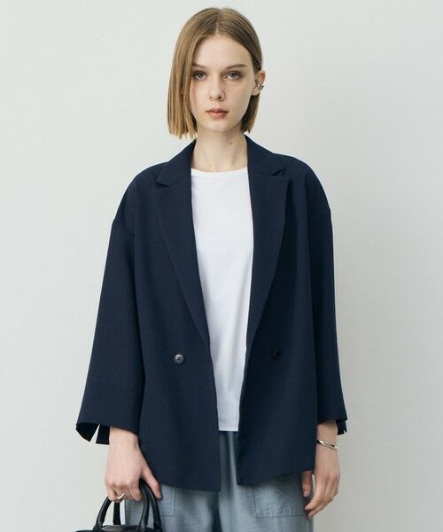 ICB / アイシービー テーラードジャケット | ドライアセテートスラブ 8分袖ジャケット（ネイビー）