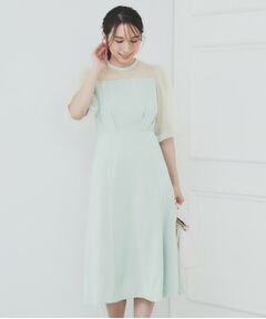 index / インデックス ミニ丈・ひざ丈ワンピース | ドットチュールスリーブドッキングワンピース【洗濯機洗い可】