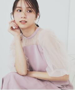 index / インデックス ミニ丈・ひざ丈ワンピース | ドットチュールスリーブドッキングワンピース【洗濯機洗い可】