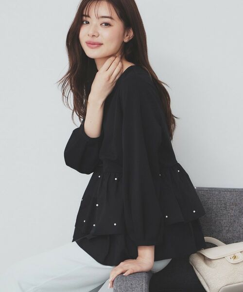 index / インデックス カットソー | カットジョーゼットドッキングペプラムトップス【洗濯機可】(ブラック(019))