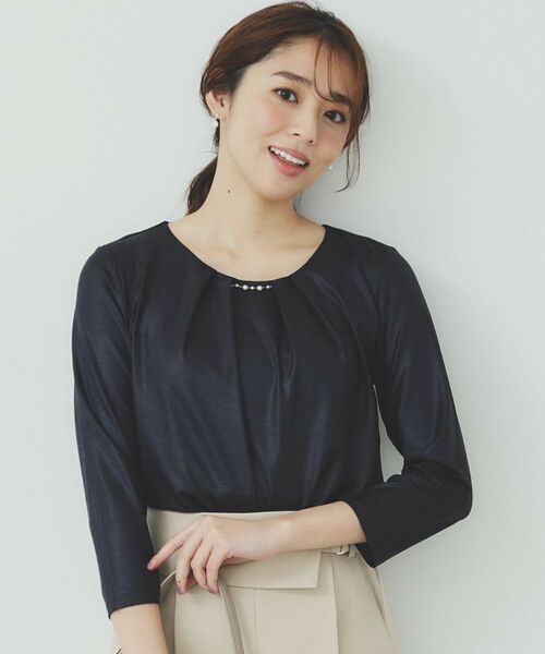 index / インデックス シャツ・ブラウス | パール調チェーン付きフロントタックトップス【洗濯機洗い可】(ネイビー(094))