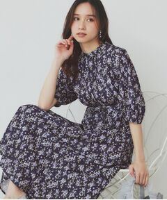 index / インデックス ミニ丈・ひざ丈ワンピース | スタンドネック小花柄ワンピース【洗濯機洗い可/イージーアイロン】