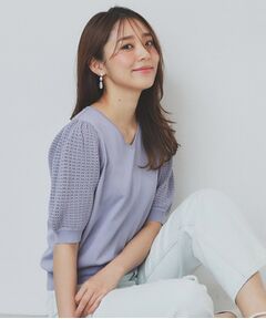 index / インデックス ニット・セーター | 《5色展開》柄編みスリーブVネックニット【洗濯機洗い可】