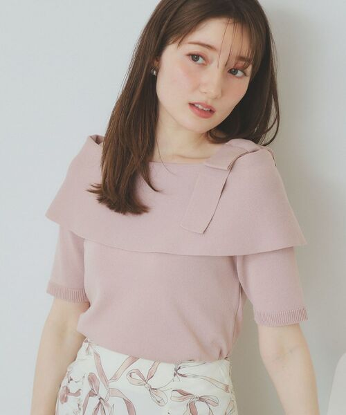 index / インデックス ニット・セーター | アシメリボンオフショルニット【洗濯機洗い可】(ピンクベージュ(053))