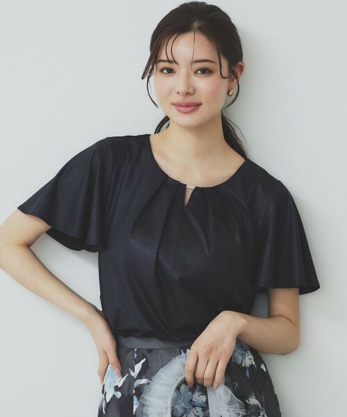 index / インデックス カットソー | ビジュースリットフリルスリーブトップス【洗濯機洗い可】(ネイビー(094))