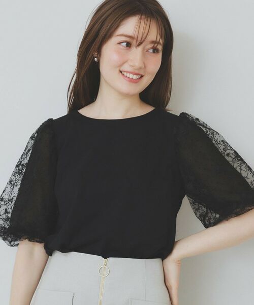 index / インデックス カットソー | シアーバルーンスリーブトップス【洗濯機洗い可/接触冷感】(ブラック(019))