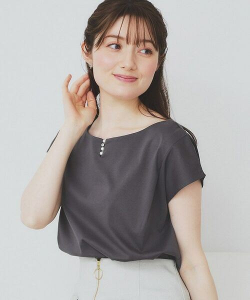 index / インデックス カットソー | 《6色展開/XS-3サイズ》キーネックビジュートップス【UV/接触冷感/洗濯機洗い可】(チャコールグレー(014))