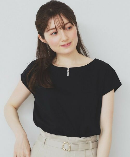 index / インデックス カットソー | 《6色展開/XS-3サイズ》キーネックビジュートップス【UV/接触冷感/洗濯機洗い可】(ネイビー(094))