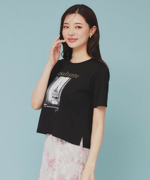 美品❣️スナオクワハラ フリル付き半袖Tシャツ セール】 箔プリントショート丈Tシャツ【UV/接触冷感/洗濯機洗い