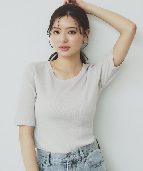 index / インデックス カットソー | ラメリブクルーネックトップス【洗濯機洗い可】(オフホワイト(603))