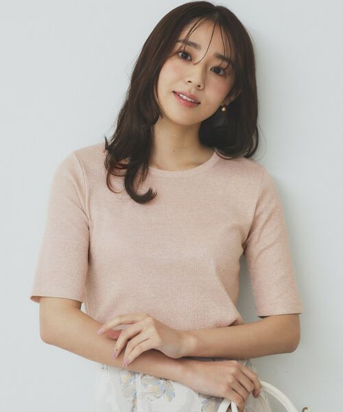 index / インデックス カットソー | ラメリブクルーネックトップス【洗濯機洗い可】(ピンクゴールド(605))