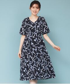 index / インデックス ミニ丈・ひざ丈ワンピース | 《美人百花掲載》リボン柄タックスリーブワンピース【洗濯機洗い可/イージーアイロン】