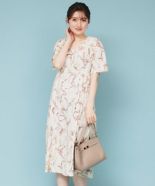 美人百花 美香着用ジョリーブティック 完売ペイズリーワンピース ピンク 2 セール】 《美人百花掲載》リボン柄タックスリーブワンピース