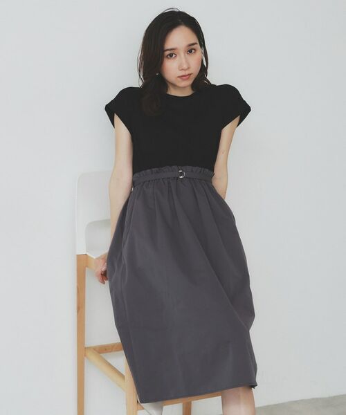 index / インデックス ミニ丈・ひざ丈ワンピース | ドッキングフレアワンピース【洗濯機洗い可】(ブラック(519))